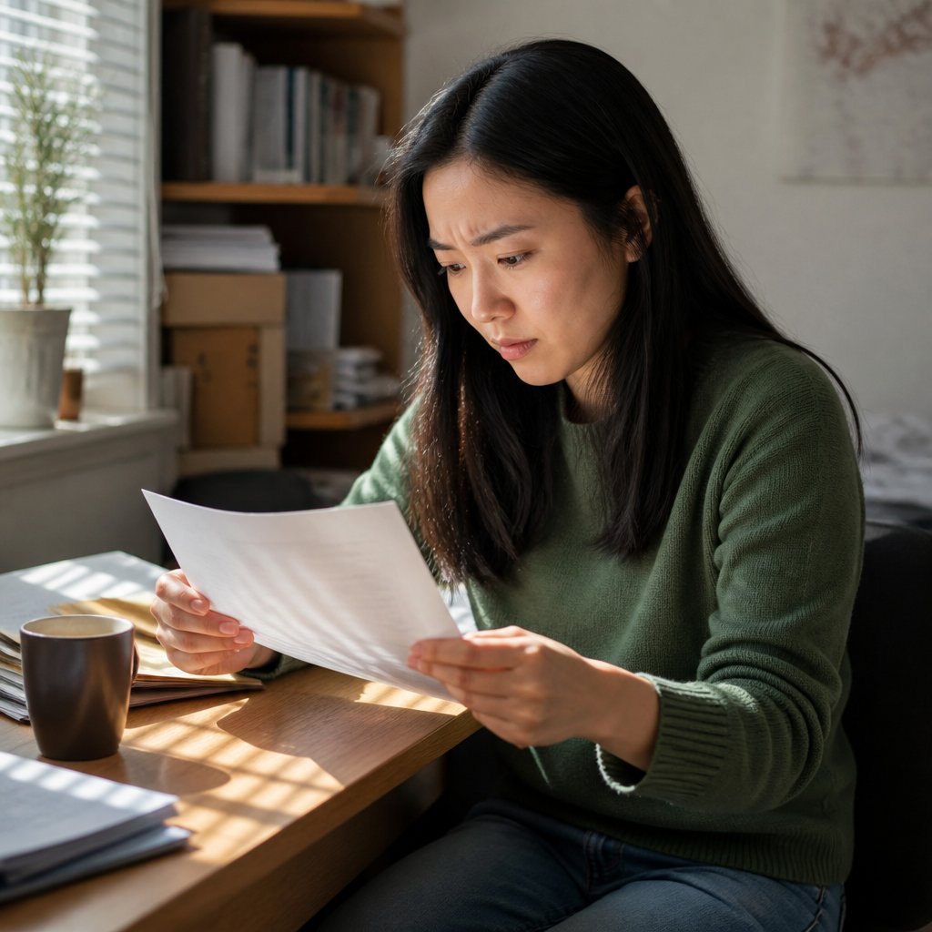 Woman reviewing an old permit document at a cluttered desk in a home office