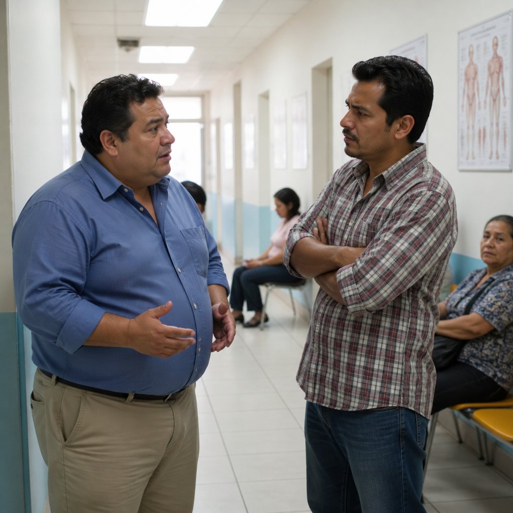 Man questioning clinic staff in a hallway filled with waiting patients