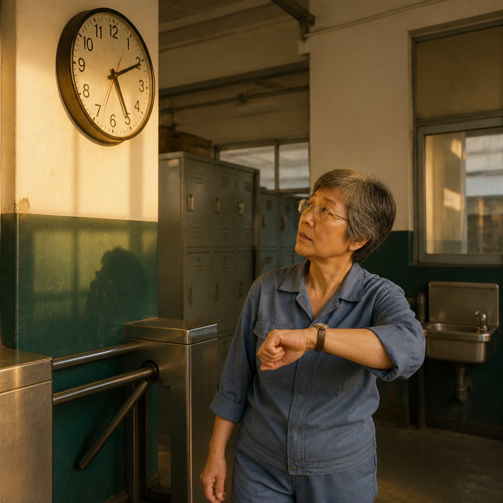 Older East Asian woman in blue work uniform compares wall clock to wristwatch near factory security checkpoint, looking concerned.