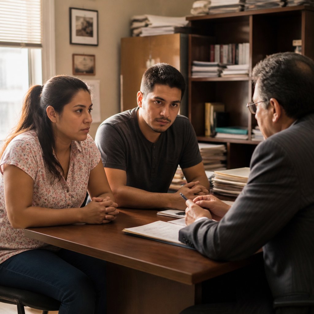 Two restaurant workers giving statements in a lawyer's office looking determined
