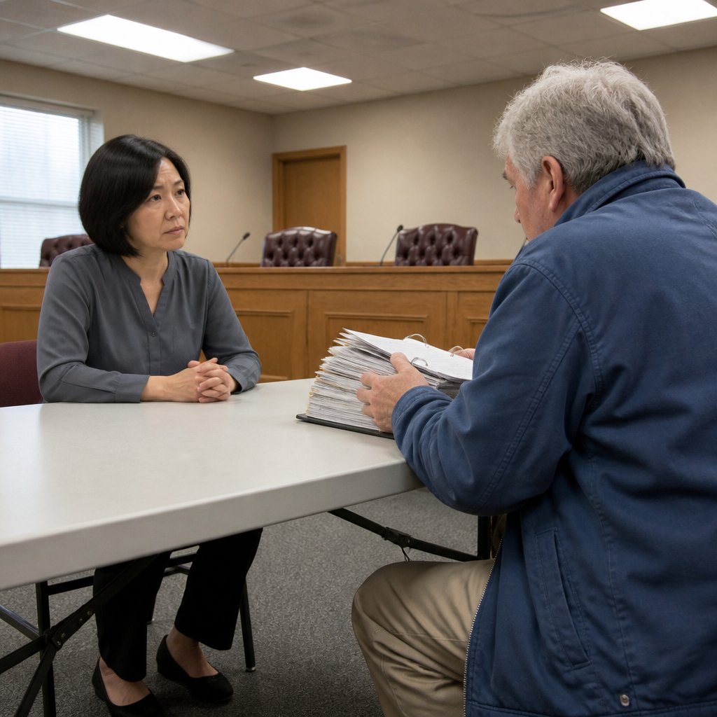 Woman and man discussing at a city hearing table, tense expressions, binding open in front of man.