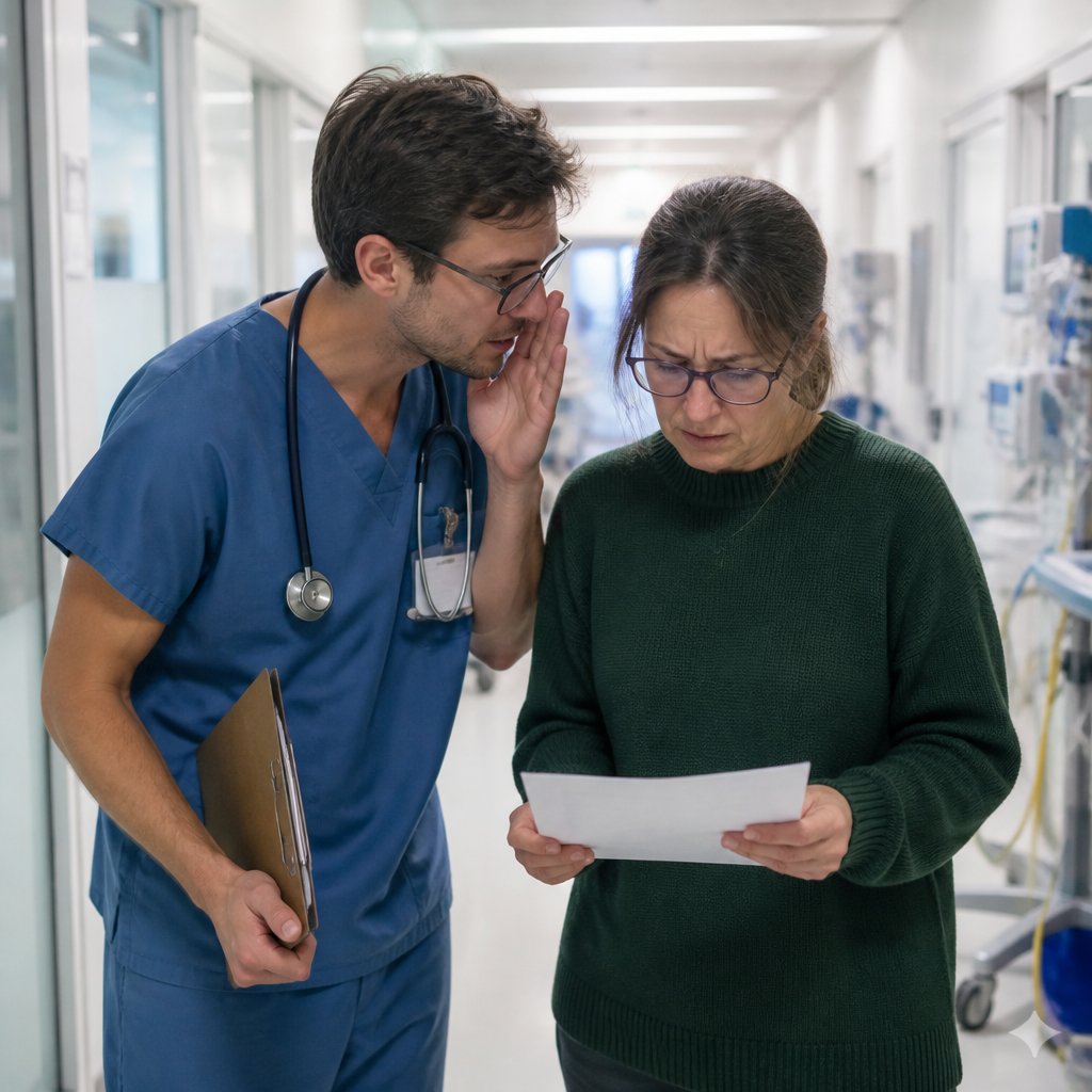 A young medical resident whispers to a worried woman holding consent forms in a hospital ICU hallway.