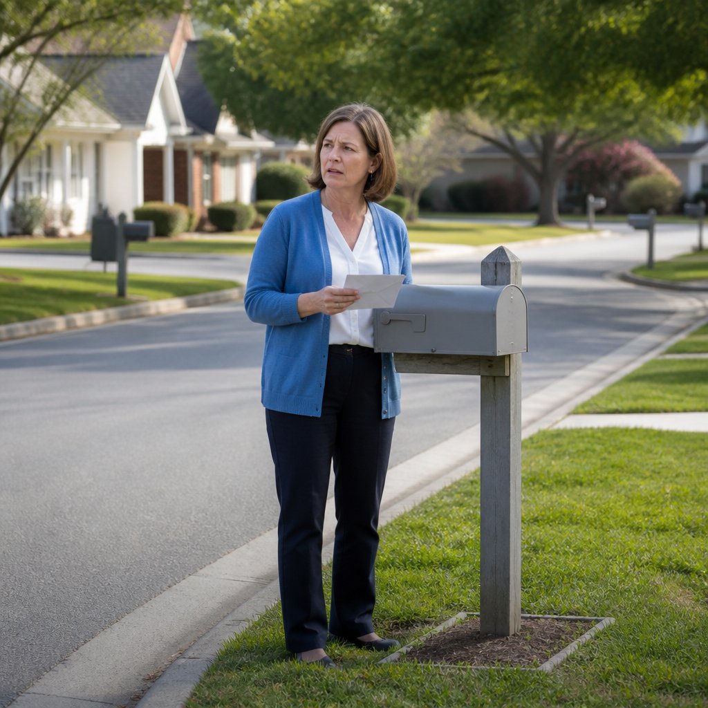 Woman holding and mailing a legal letter at a suburban mailbox, looking toward a neighboring house with concern.