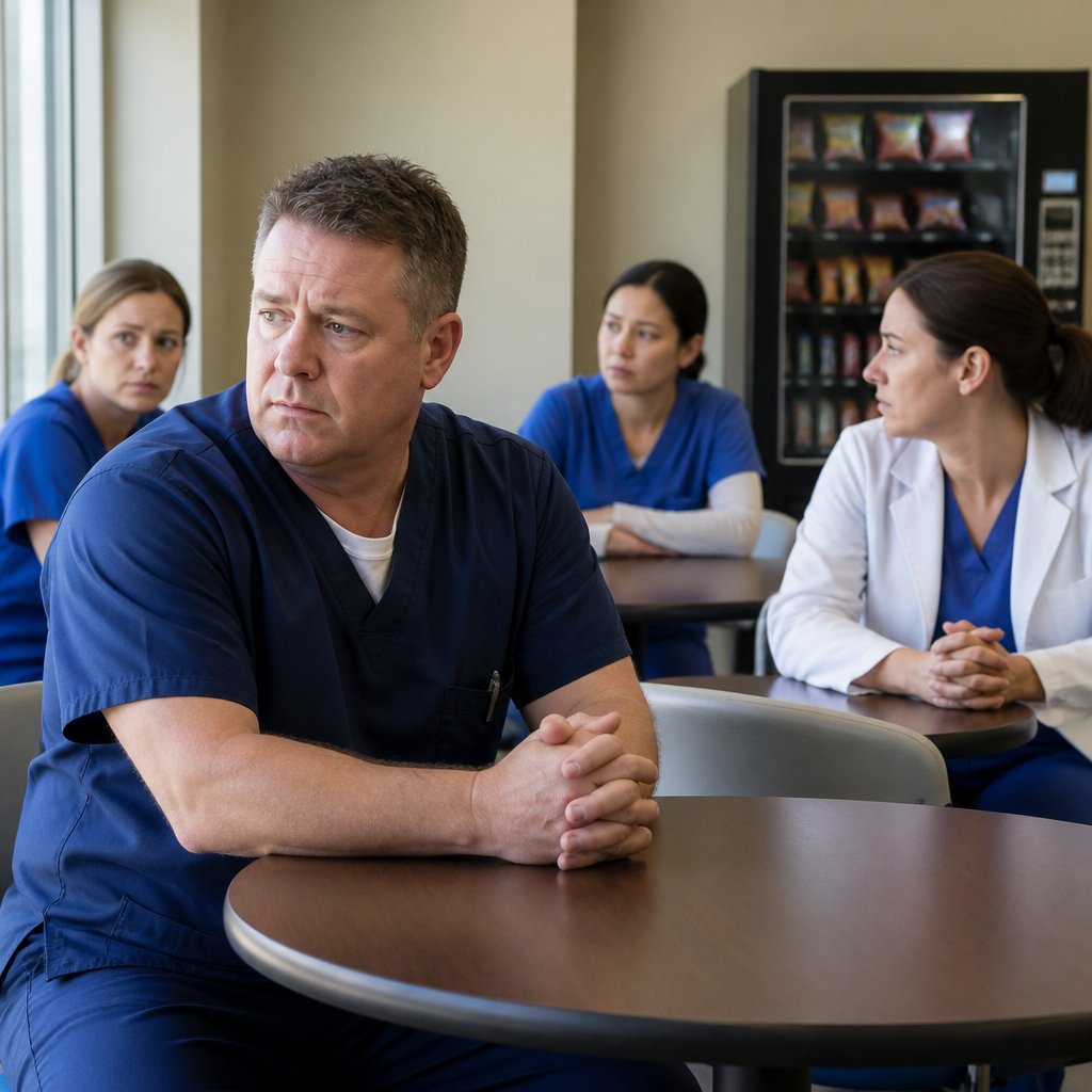 Worried nurse sitting in break room with concerned colleagues nearby.