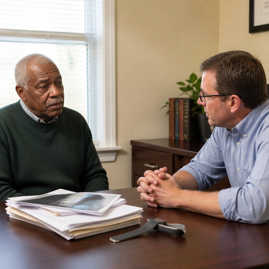 A Black man in his 60s consults seriously with a lawyer in an office over medical papers and a smartwatch band.