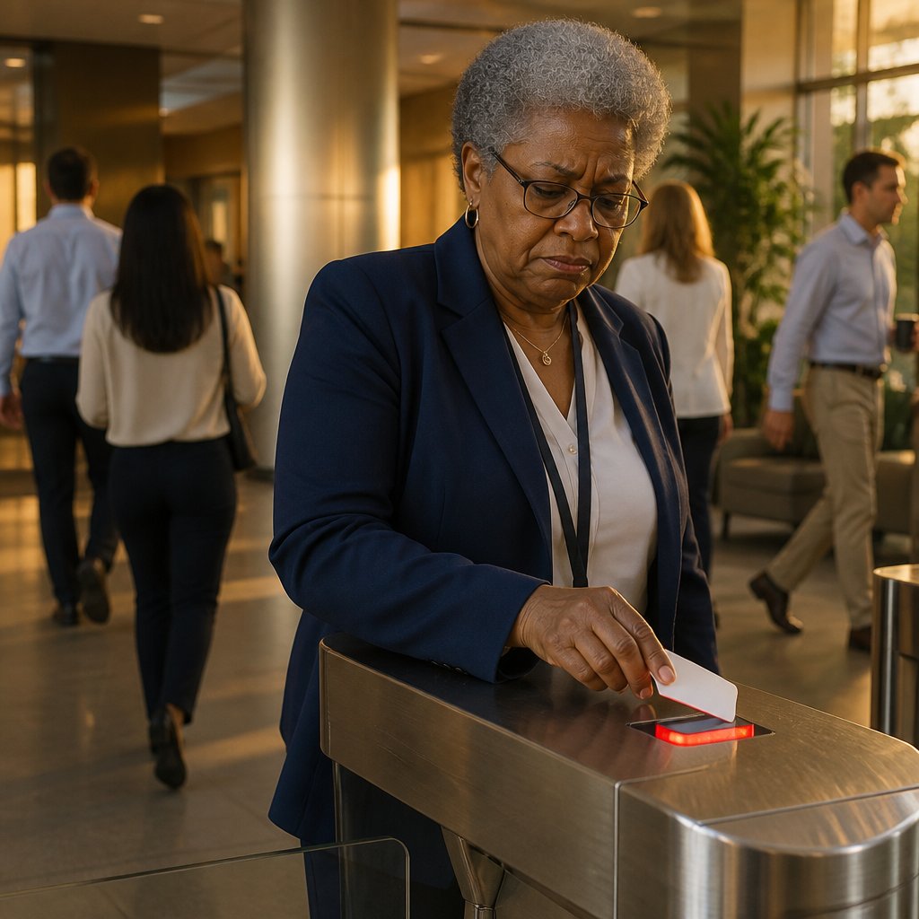 Older Black woman swiping security badge at corporate turnstile, facing denial of entry.