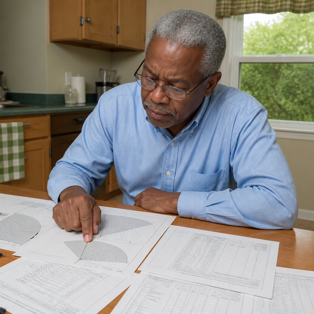 Man studying camera field-of-view diagrams in kitchen, focused expression