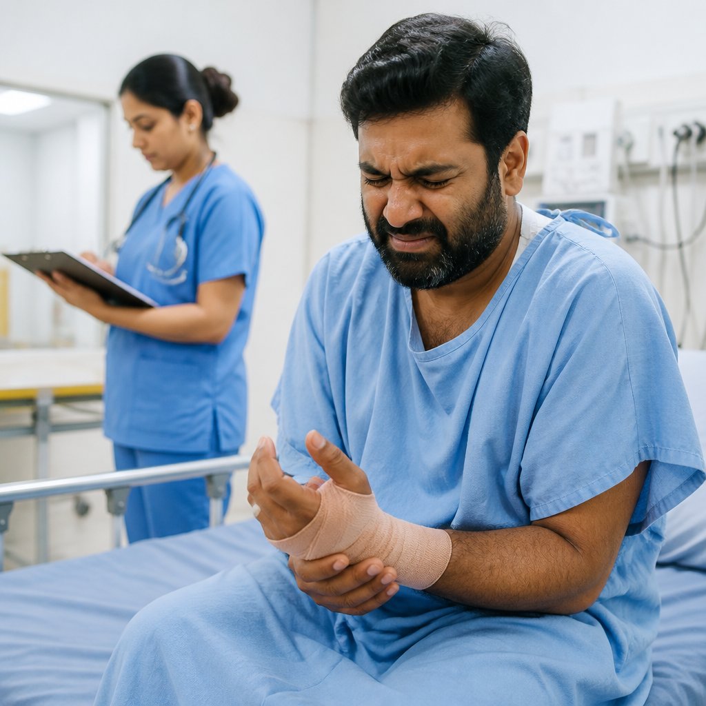 Man with fractured wrist sitting on hospital gurney after hip failure, with nurse checking notes in ER.