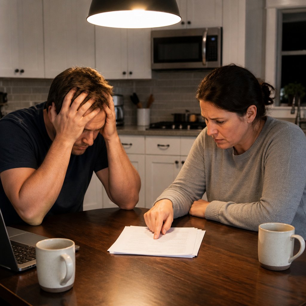Couple at kitchen table with contract between them looking at a clause with dread