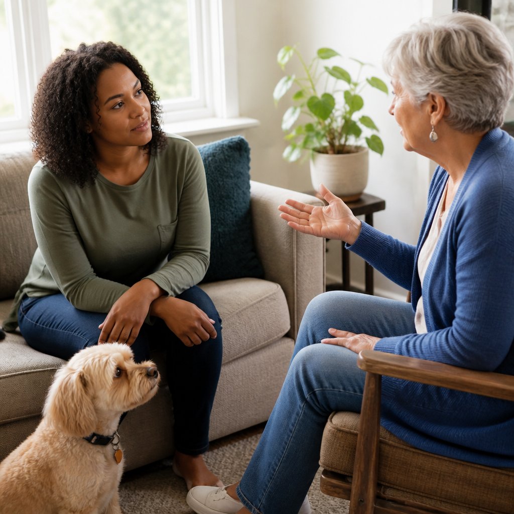 Woman listening to neighbor's account in a modest living room, attentive expression.