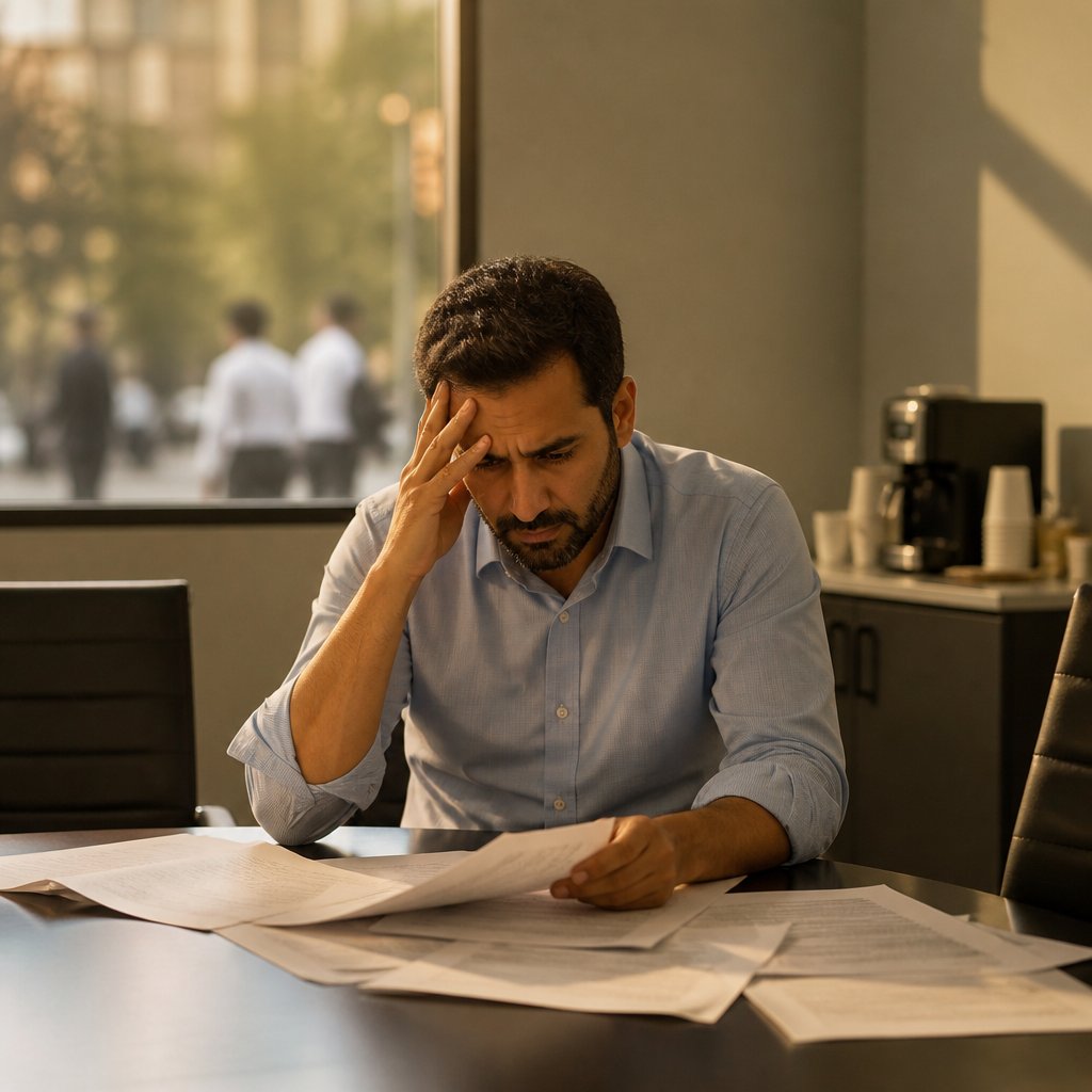 Frustrated Middle Eastern man reviewing papers alone in a conference room with a coffee machine in the background.