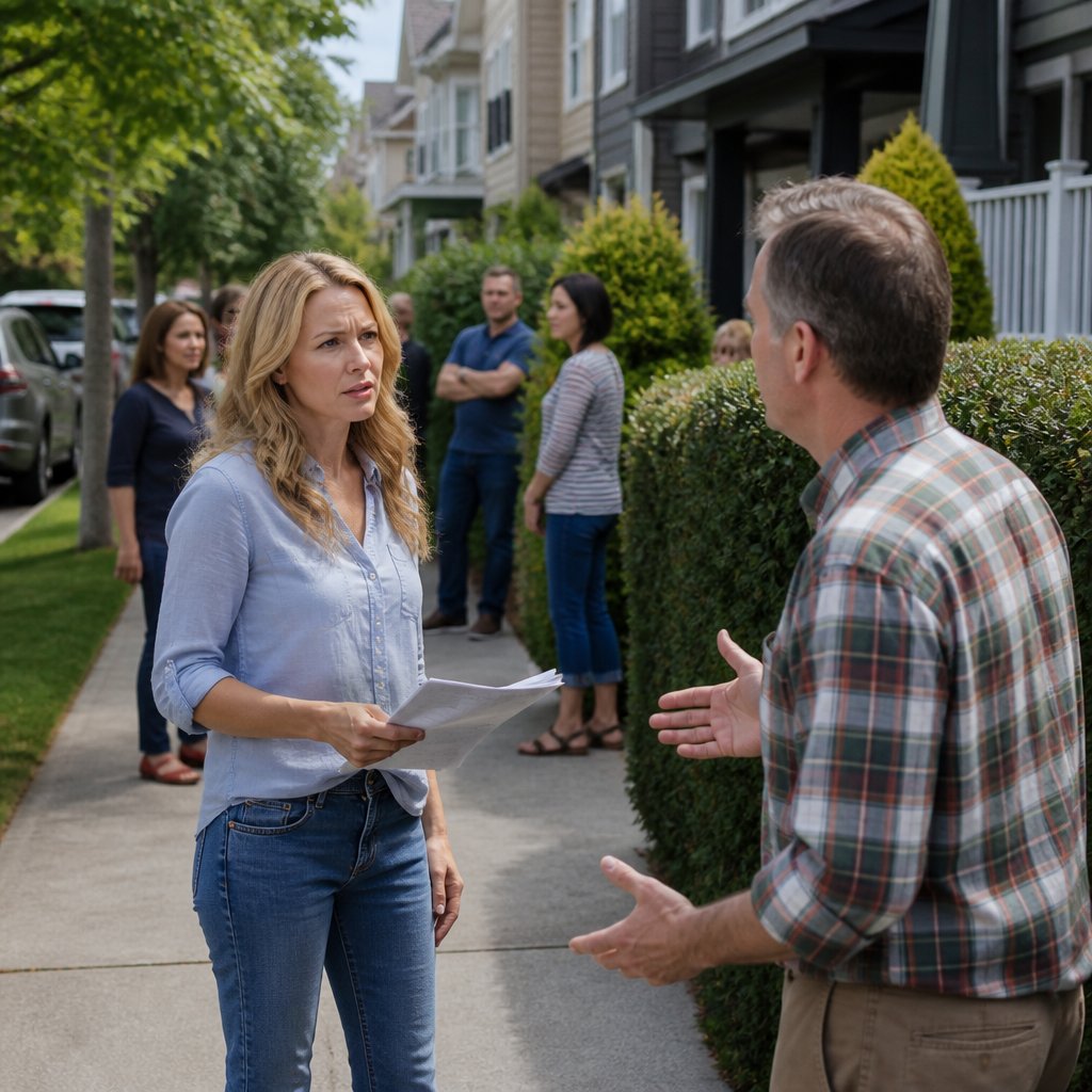 Two neighbors talking tensely on a suburban sidewalk, with tall green hedges and houses behind them.