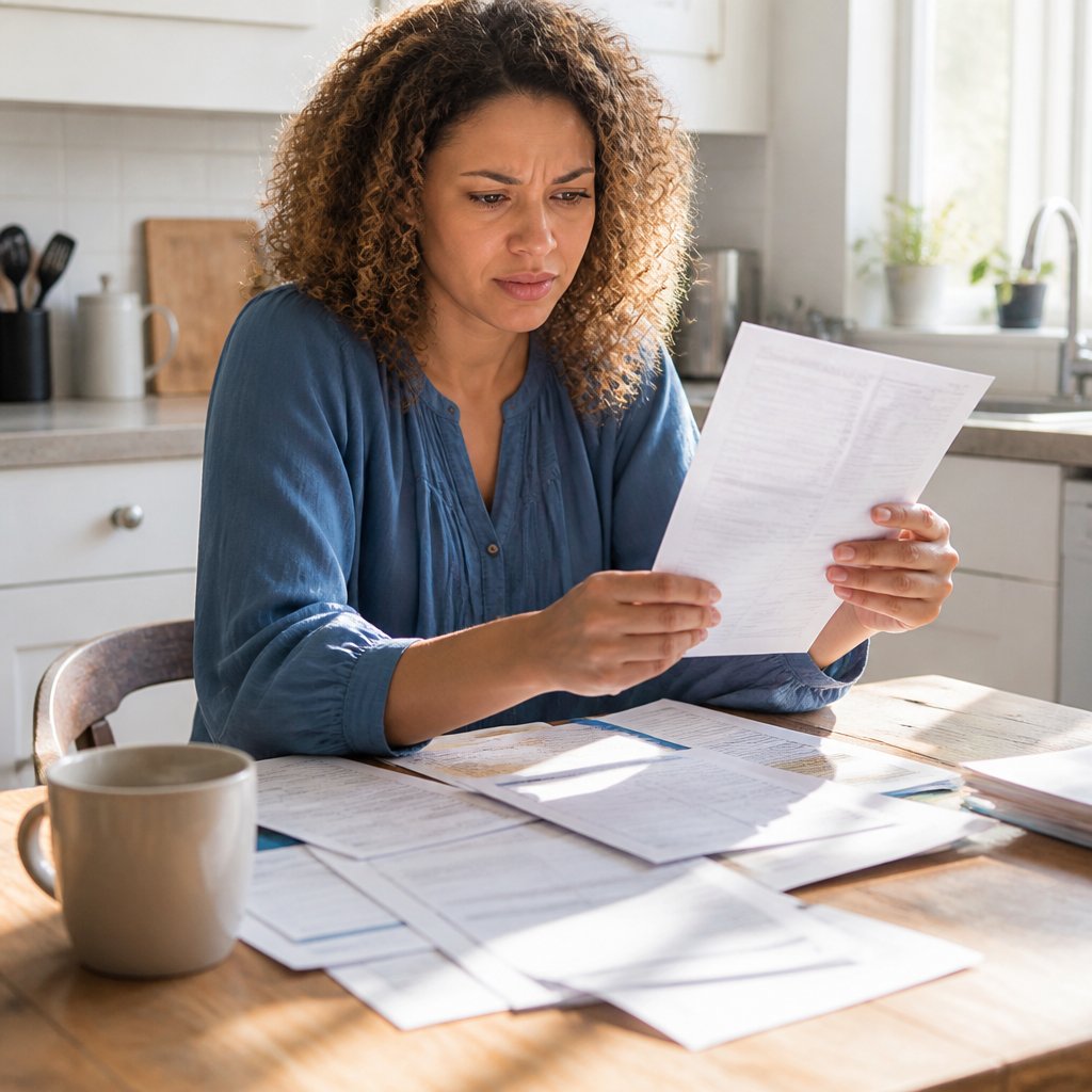 Young mixed-race woman reviewing detailed medical billing at kitchen table