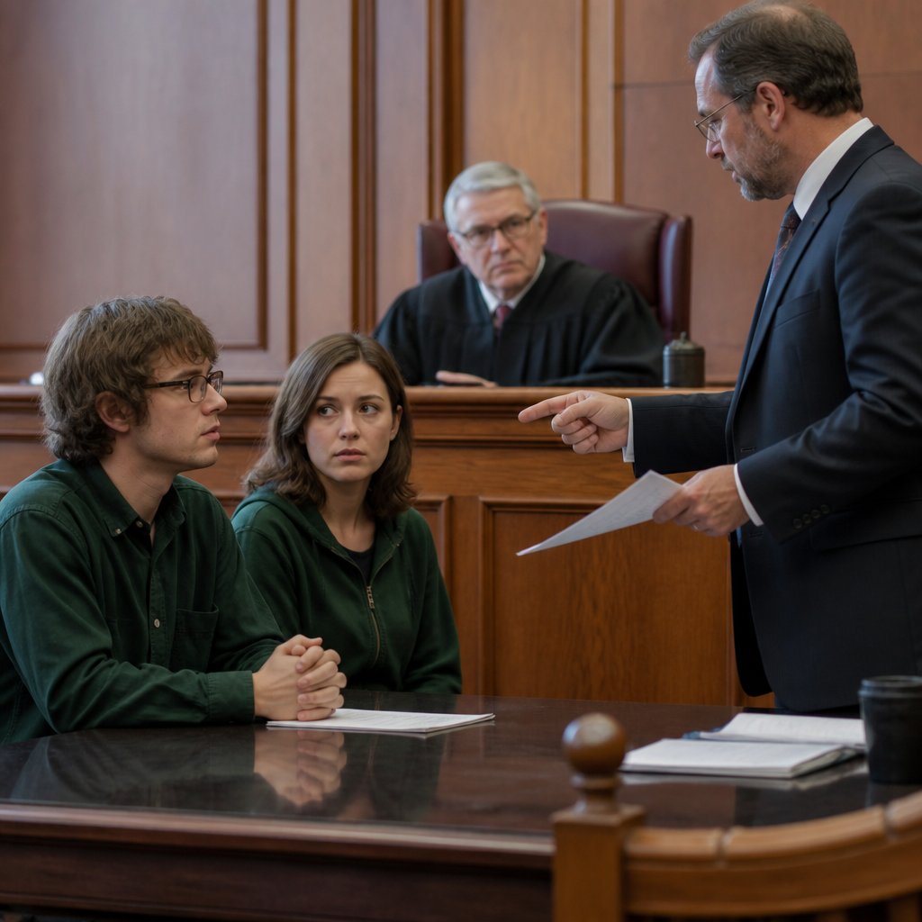 Courtroom scene with man and woman sitting tensely as lawyer presents evidence before judge.