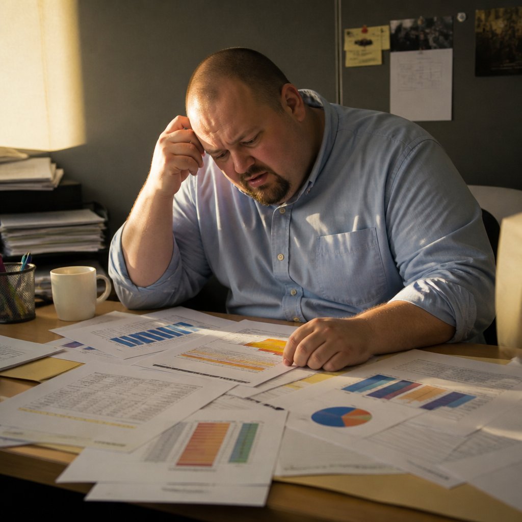Man in office studying printed documents with concerned expression.