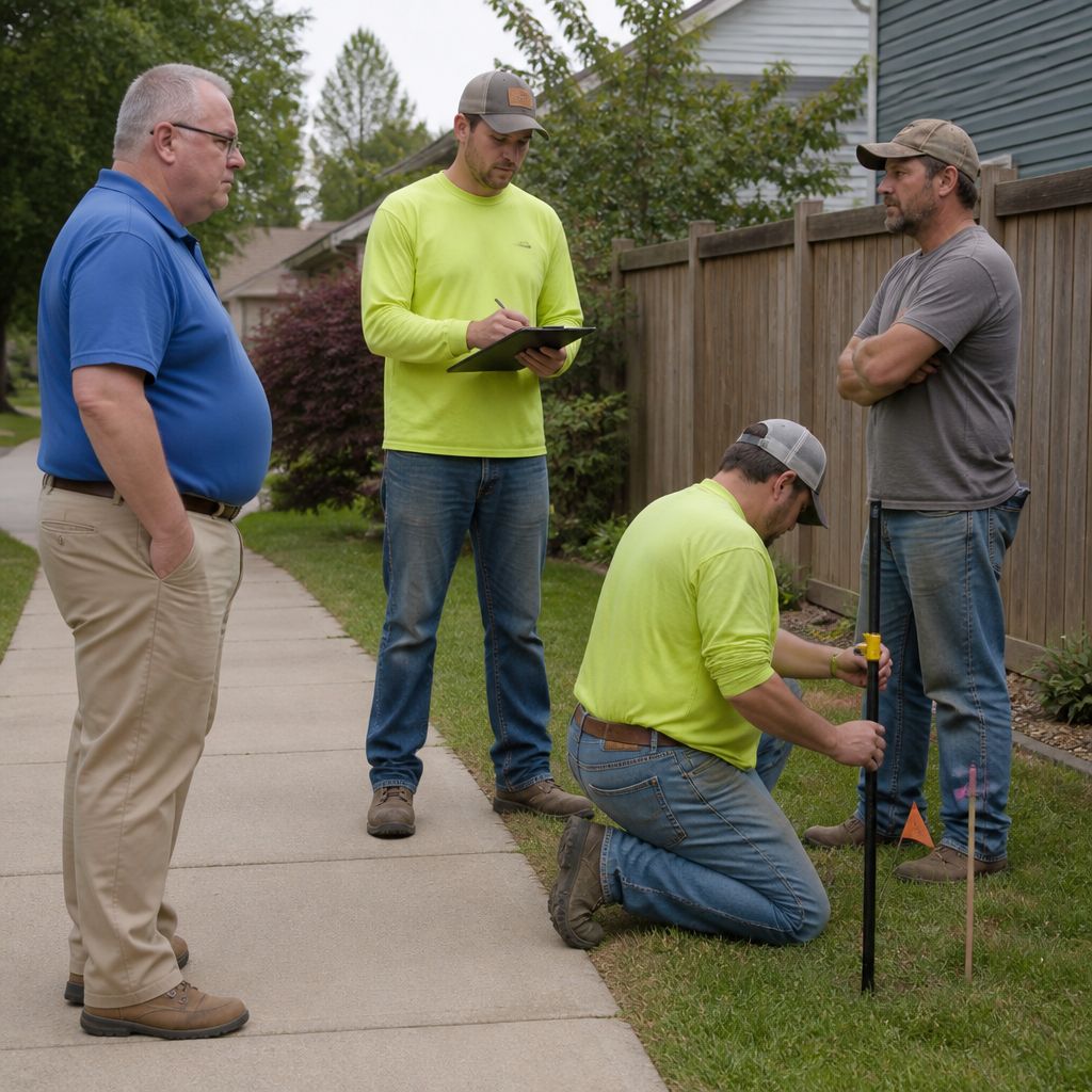 Middle-aged man watches surveyors confronted by neighbor near fence in backyard.