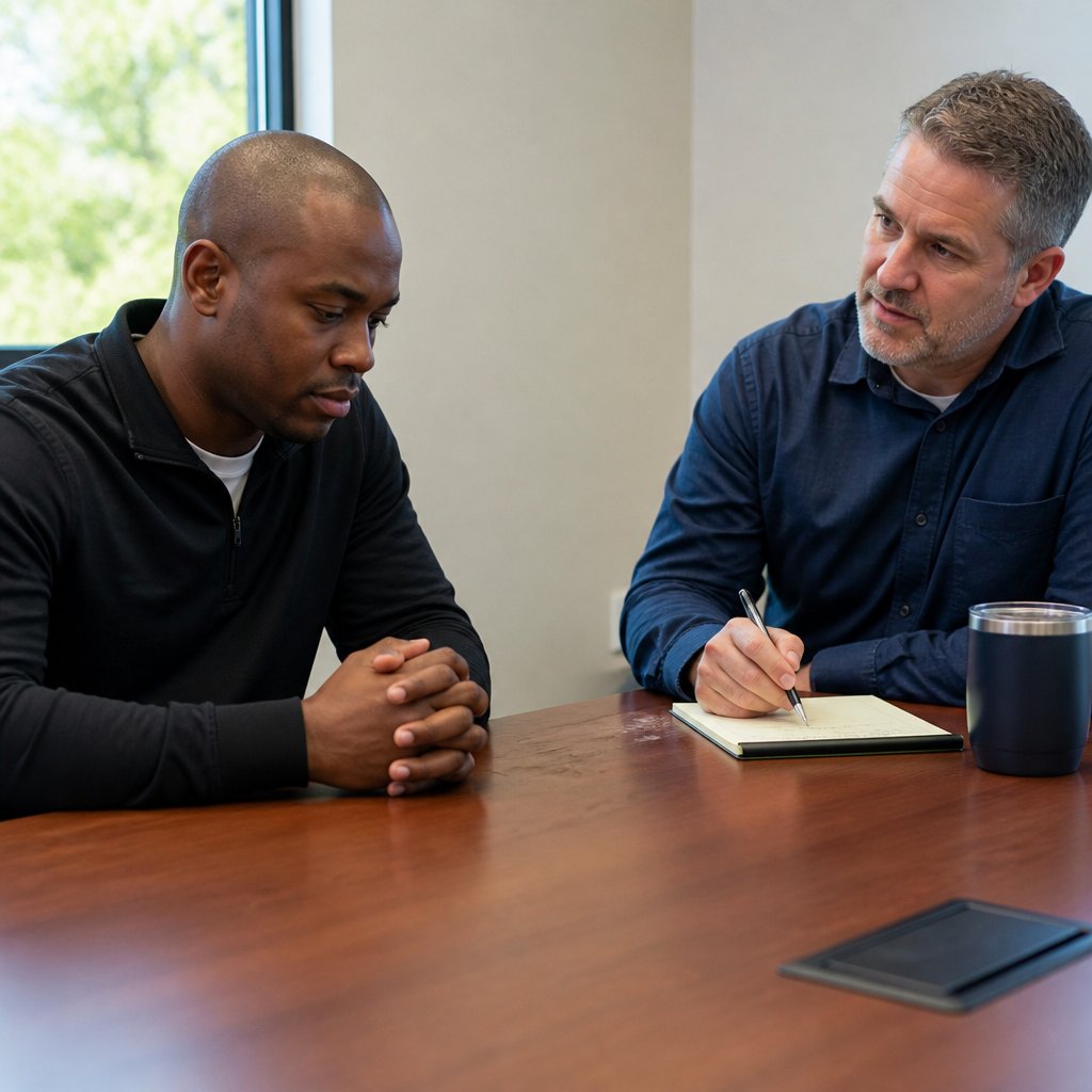 A young Black man sitting in a workplace conference room, looking downcast, while his supervisor taps a pen on a notepad across the table.