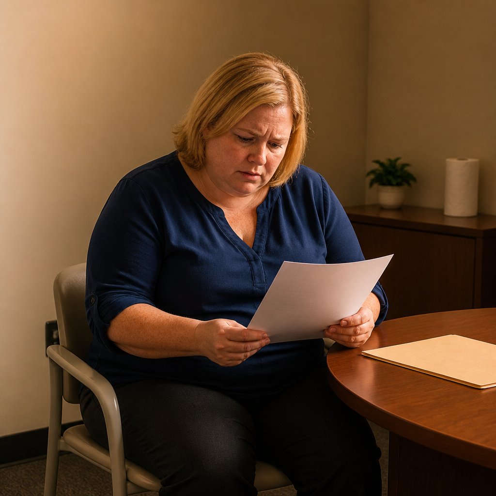 Woman reading a critical performance review document in a small HR office, looking worried.