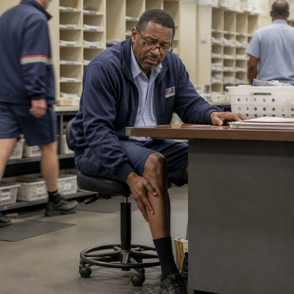 Postal carrier stuck at a desk job looking miserable, massaging his knee