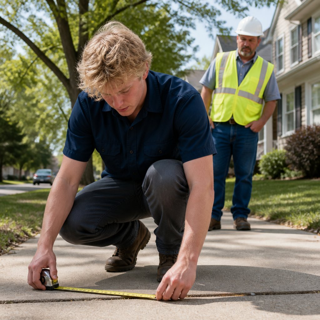 Young man measuring sidewalk seam with city inspector observing in suburban street