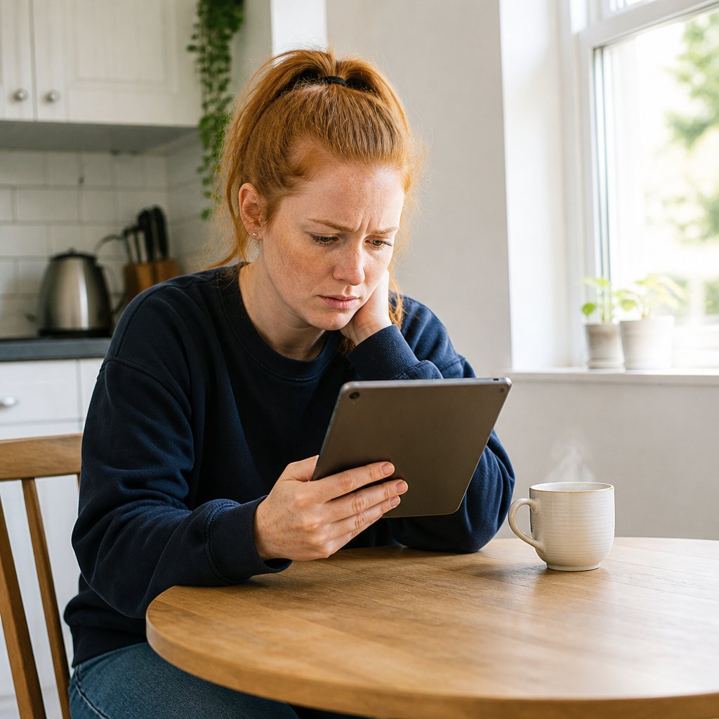 Red-haired woman reading a message on a tablet with a concerned look at a kitchen table.