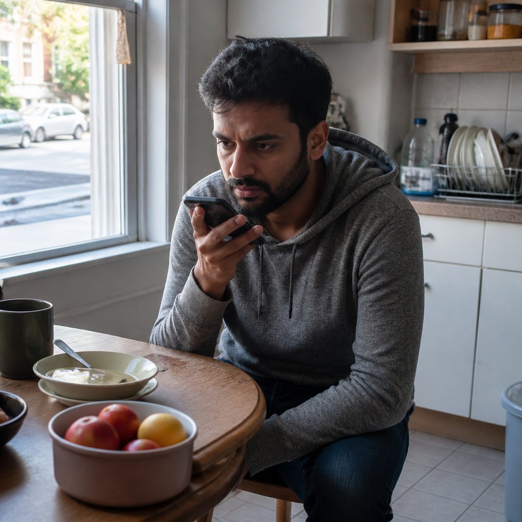 Man listening to a voicemail on his phone at a kitchen table, looking tense and focused.