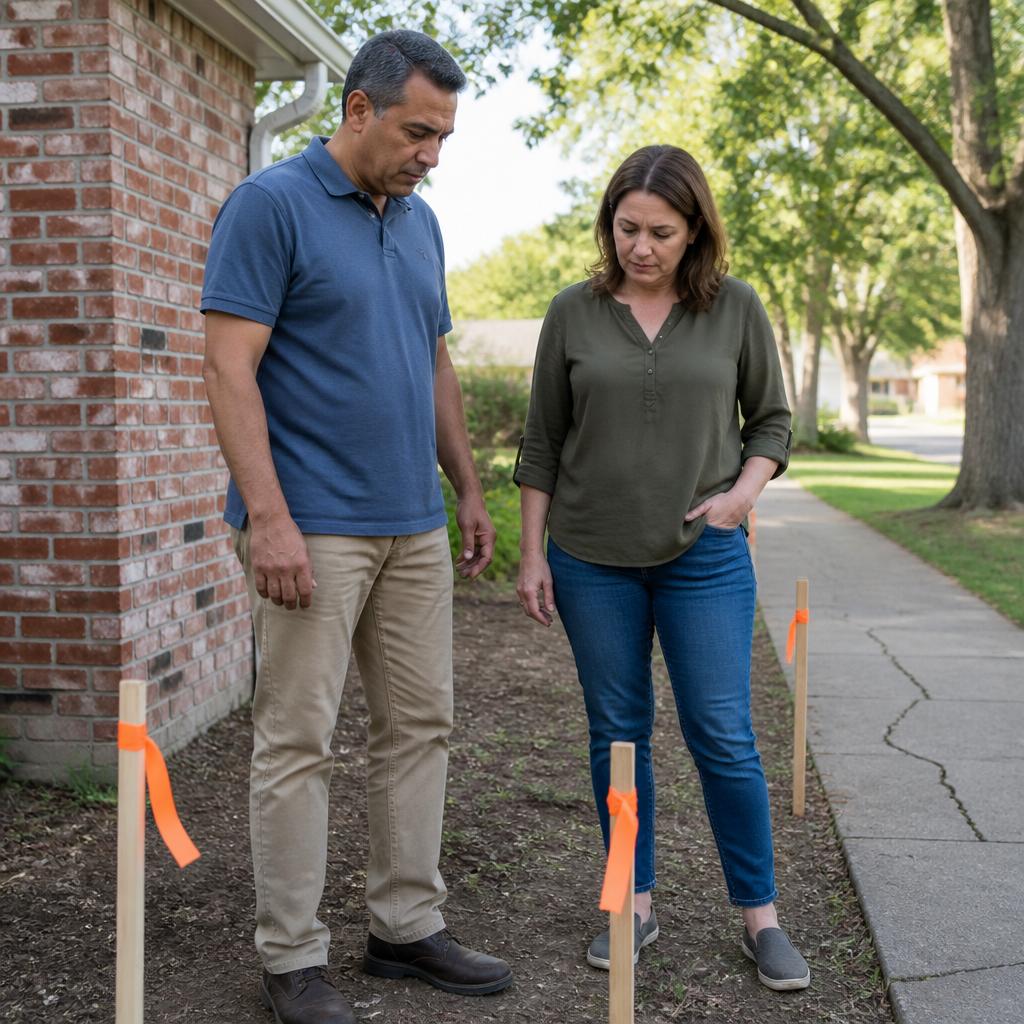 Man and woman standing near new survey stakes around a chimney in a suburban yard, looking serious.