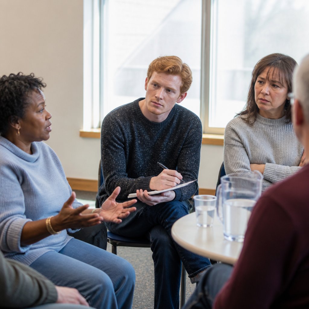 Patients gathered in a community center discussing post-op infection experiences, showing concern and engagement.