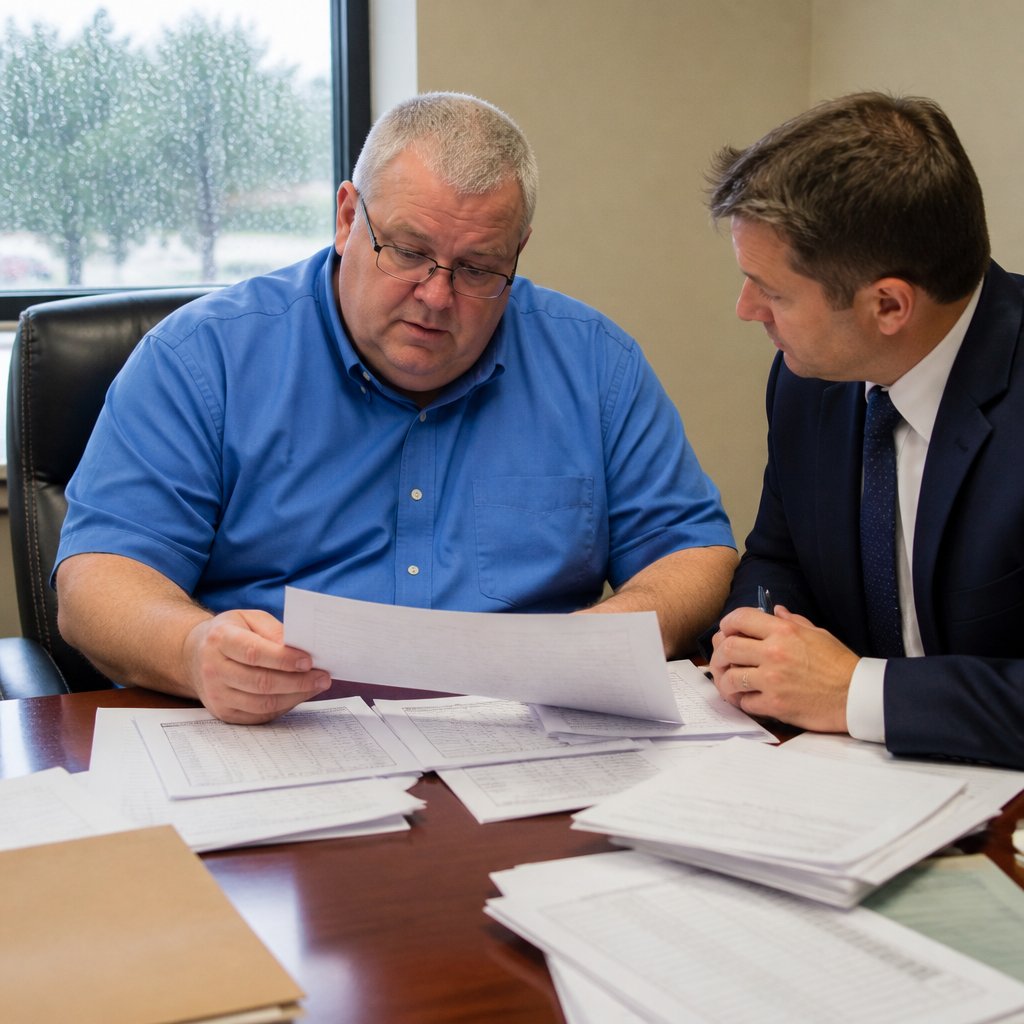Man reviewing maintenance spreadsheets in a small office, looking concerned.