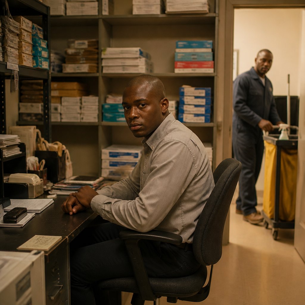 Man sitting at a cramped hot desk near office supply shelves, looking tense as a janitor passes by.