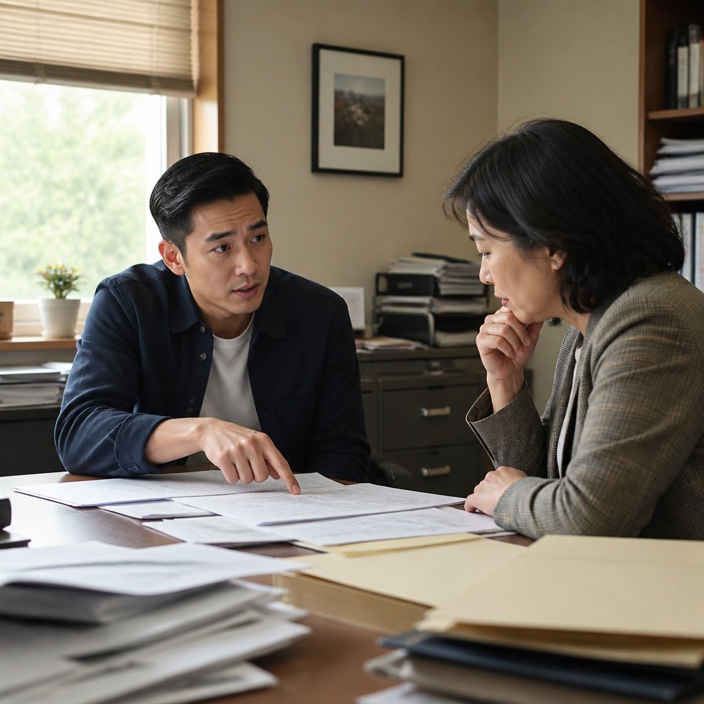Man and lawyer reviewing old deed documents in suburban home office.