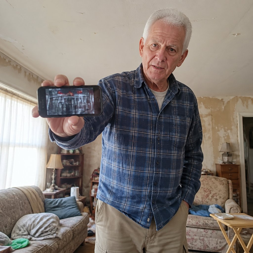 Man holding phone showing video of locked gates, looking worried in his living room.