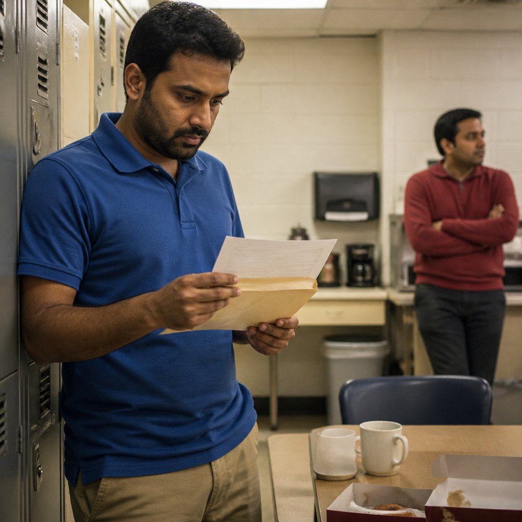 Man reading a formal warning letter from HR by his locker while a coworker looks away in the break room.