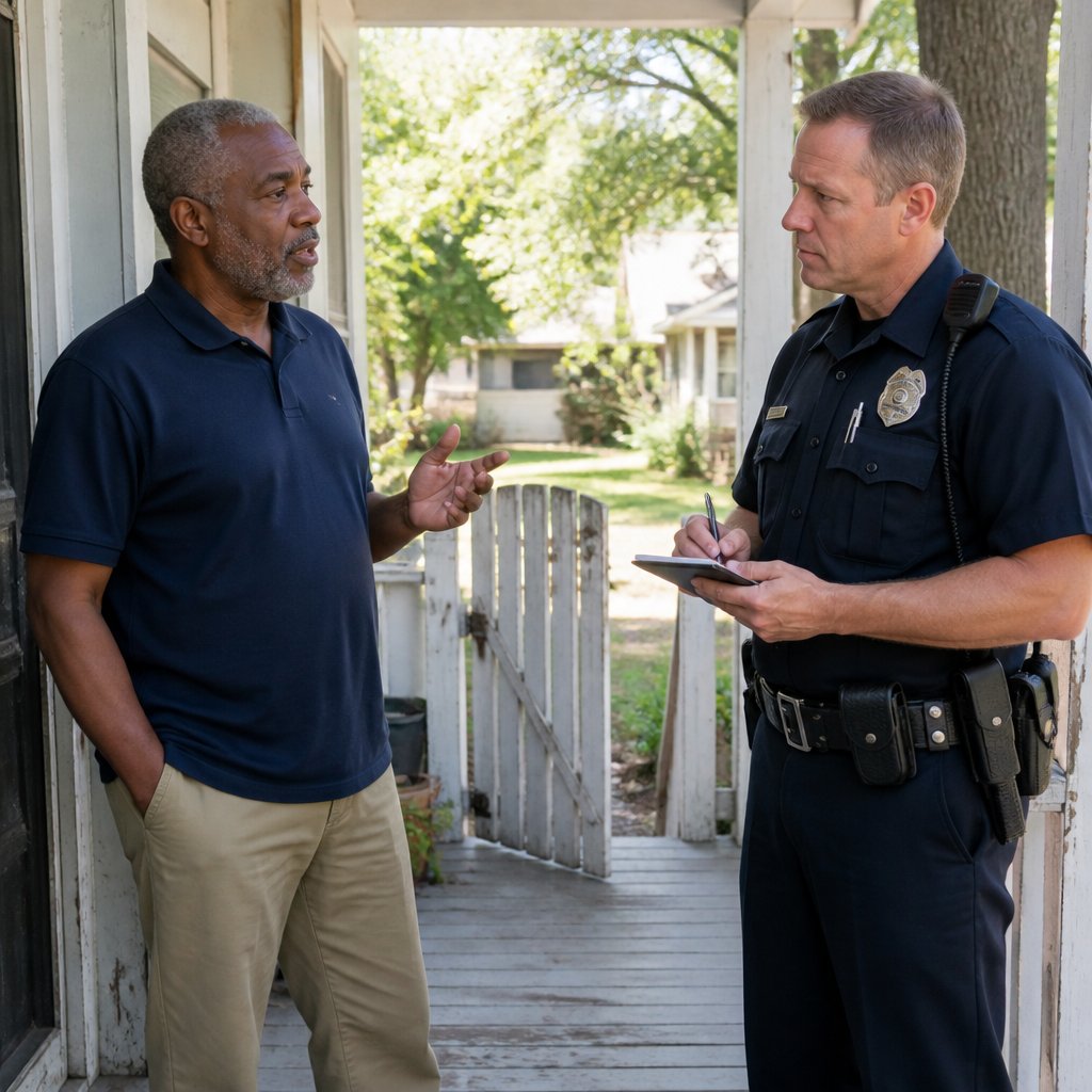Man talking with police officer on his porch near a creaky wooden gate.