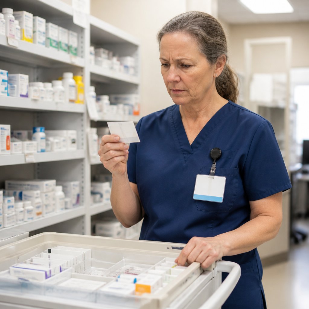 Hospital pharmacist examining medication label with concern in a pharmacy setting.