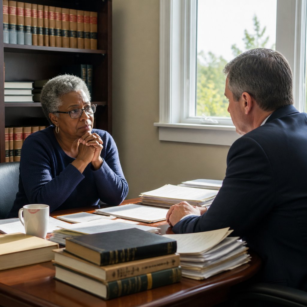 Black woman in her late 50s listening intently during a legal meeting in a small office.
