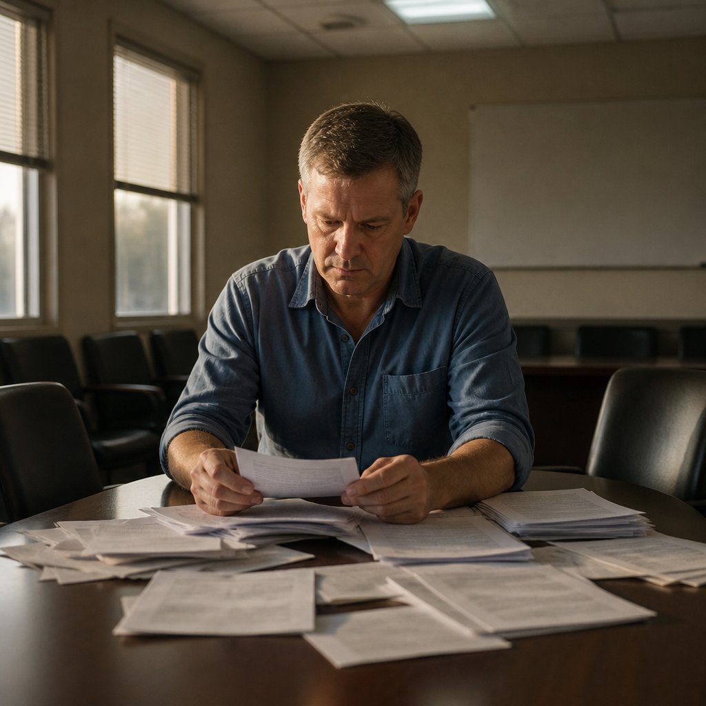 Man in blue shirt reviewing printed emails and notes in a conference room