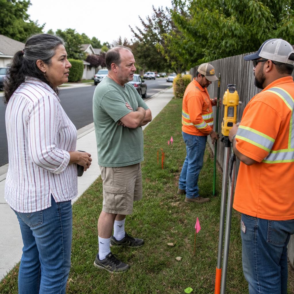 Woman watching surveyors set pins on lawn near fence while man in green T-shirt confronts them, suburban neighborhood
