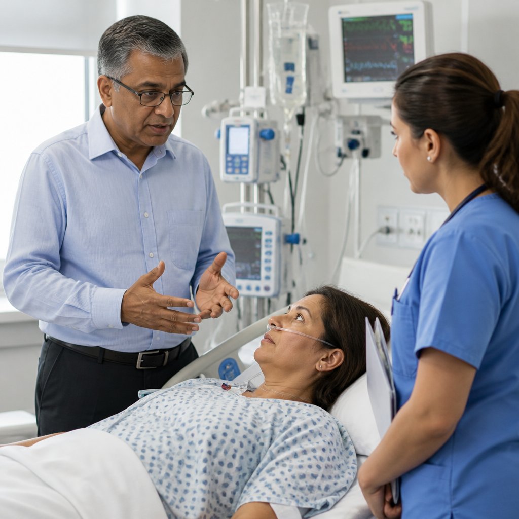 Man interpreting for his mother in ICU as nurse observes.