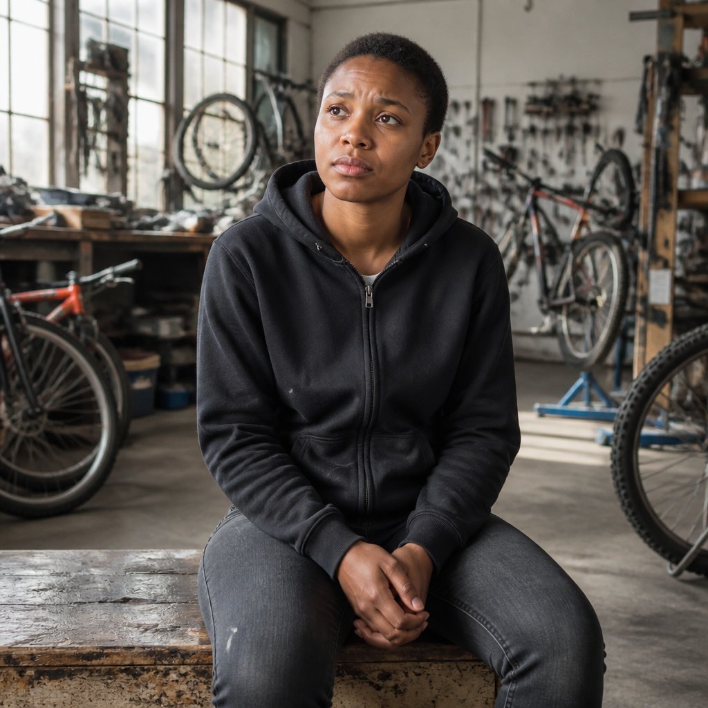 Woman sitting on bench in bike workshop holding phone face down, looking concerned.