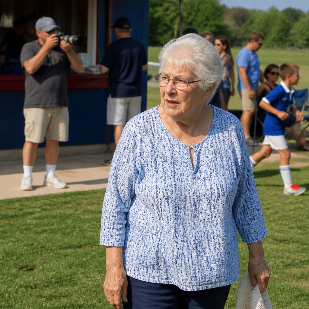 Man in blue hoodie noticing a cameraman at a children’s soccer game, looking tense.