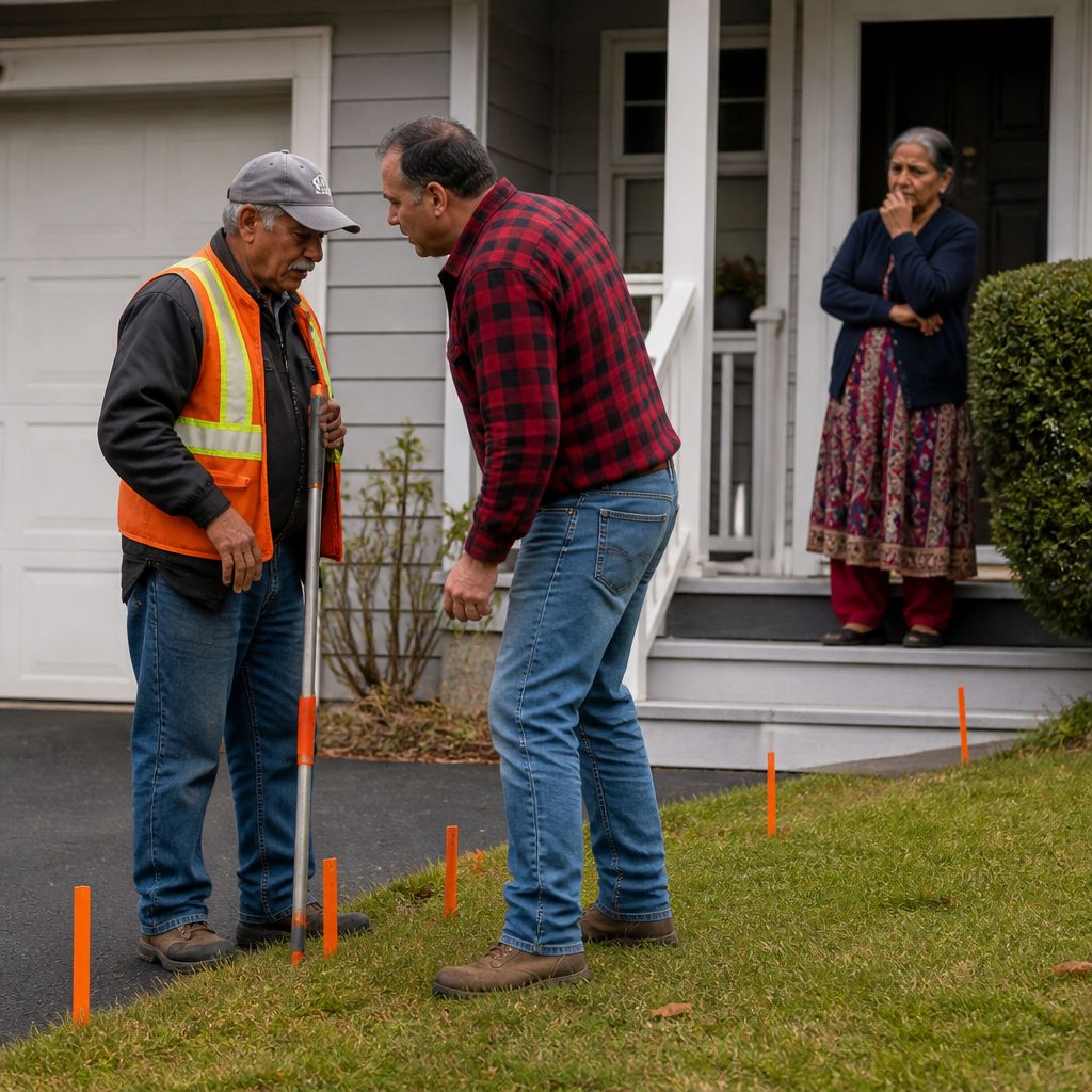 Surveyor placing stakes while a man in red flannel confronts him on a suburban lawn; worried woman watches from porch.