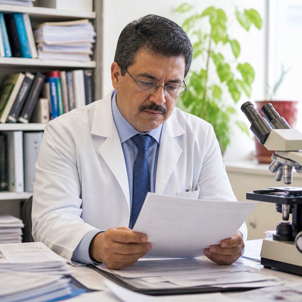 Nephrologist examining a pathology report in an office surrounded by medical books.