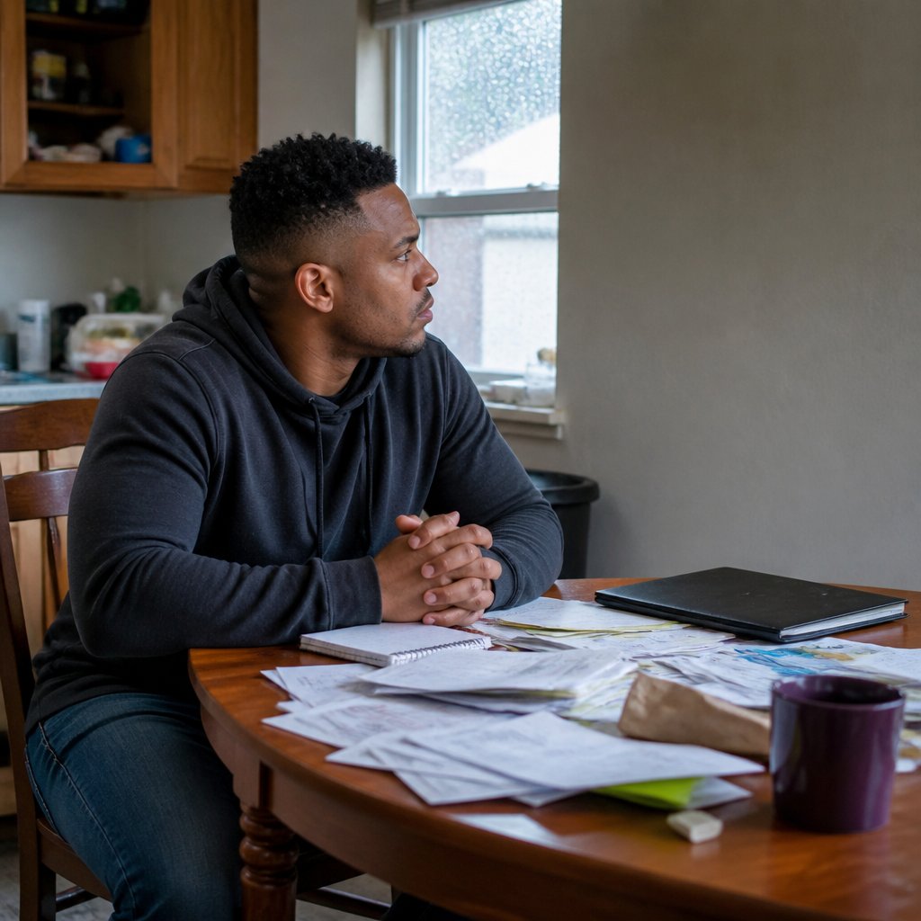 Frustrated man sitting at kitchen table surrounded by papers, staring thoughtfully ahead.