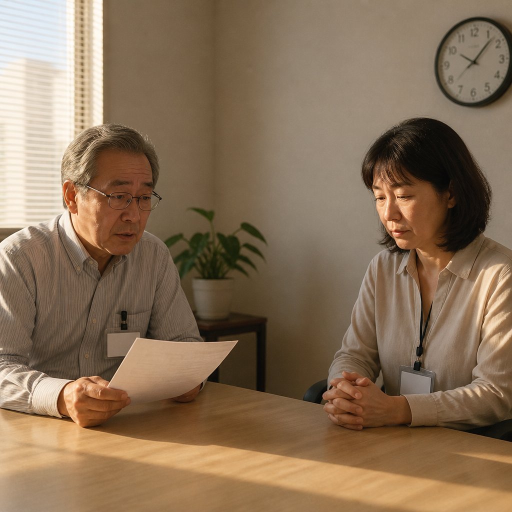 Older East Asian man in HR office, holding complaint form, facing uninterested HR representative.