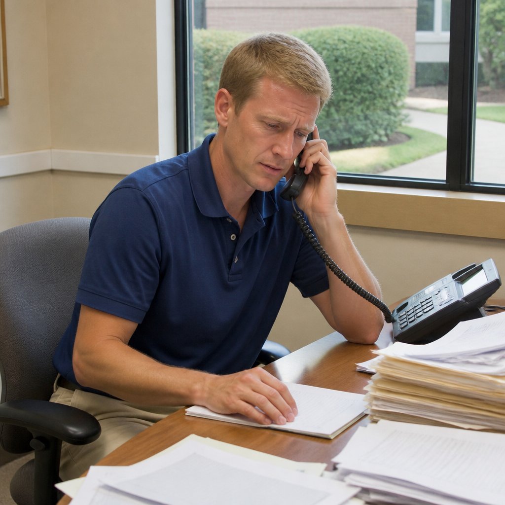 Community manager on call in a small office, looking concerned