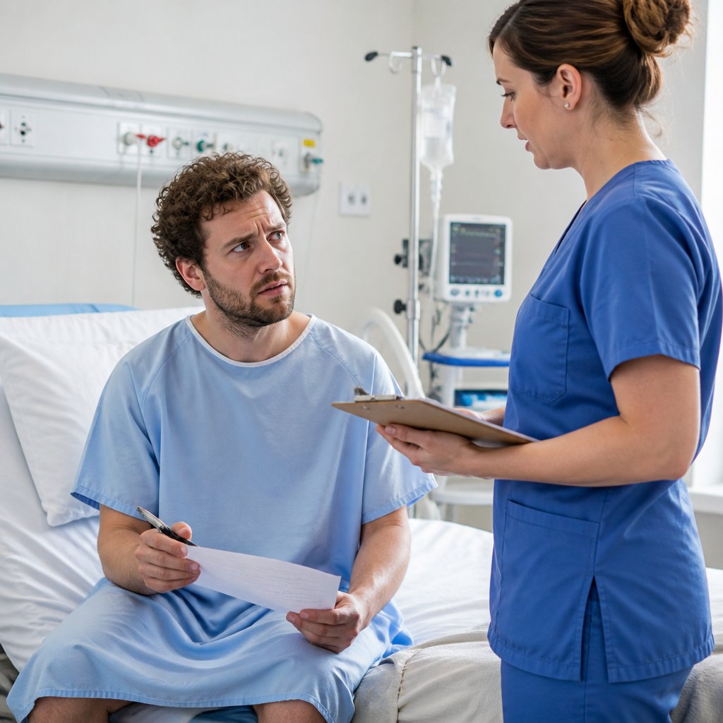 Man signing medical consent form in hospital room looking uncertain, nurse beside him holding clipboard.