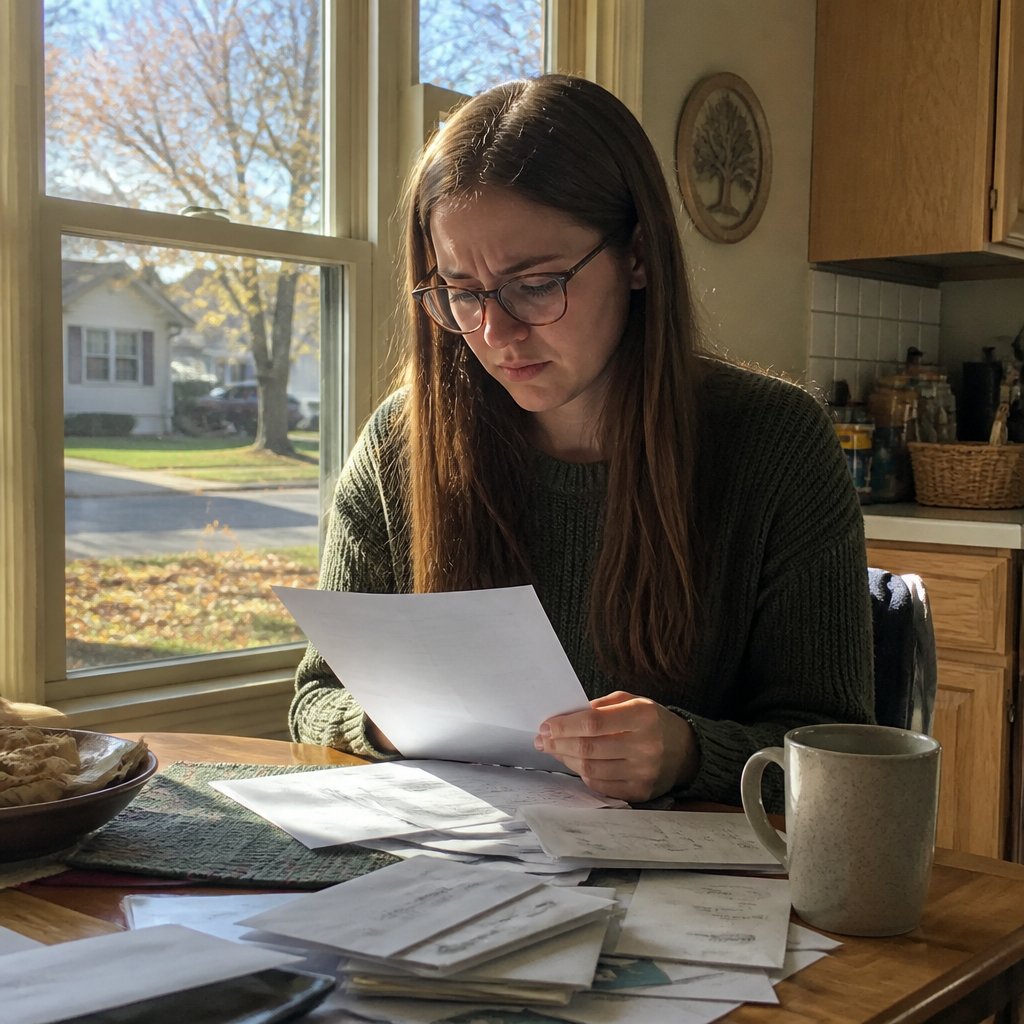Young woman with glasses sitting at a cluttered kitchen table scrutinizing a document, looking concerned.