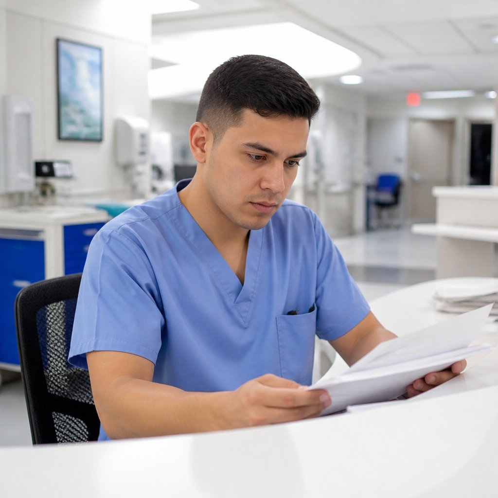 Man in blue scrubs reviewing patient charts at hospital nurse's station.