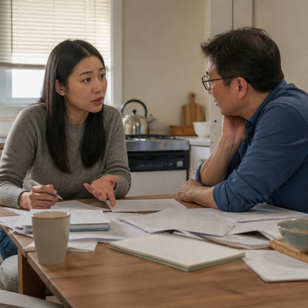 An East Asian woman discussing legal papers with her lawyer at a kitchen table.
